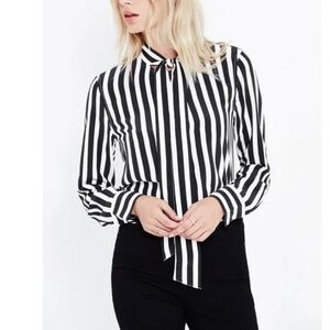 AG Navy & White Striped 100% Silk Arley Shirt Blouse Bow Front Tie Top XS